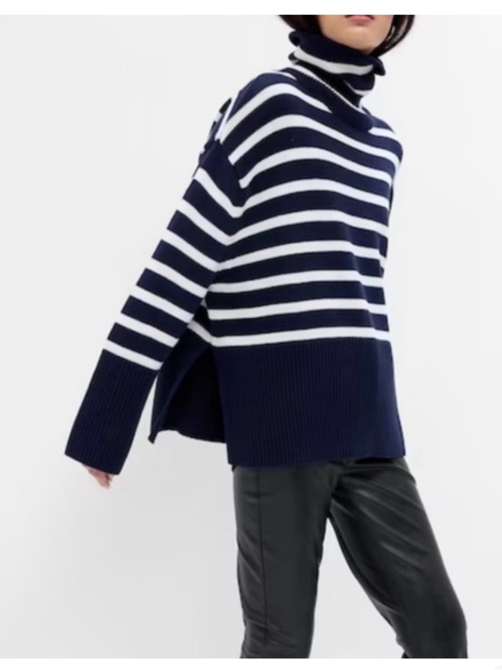 Gap Striped Turtleneck Boxy Sweater Navy & White Sz S